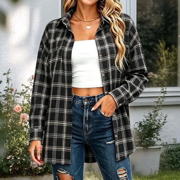 ClodeEU Women's Plaid Button Down Long Sleeve Shirt Jacket,Casual Loose Shirt Black,Women's Plus L