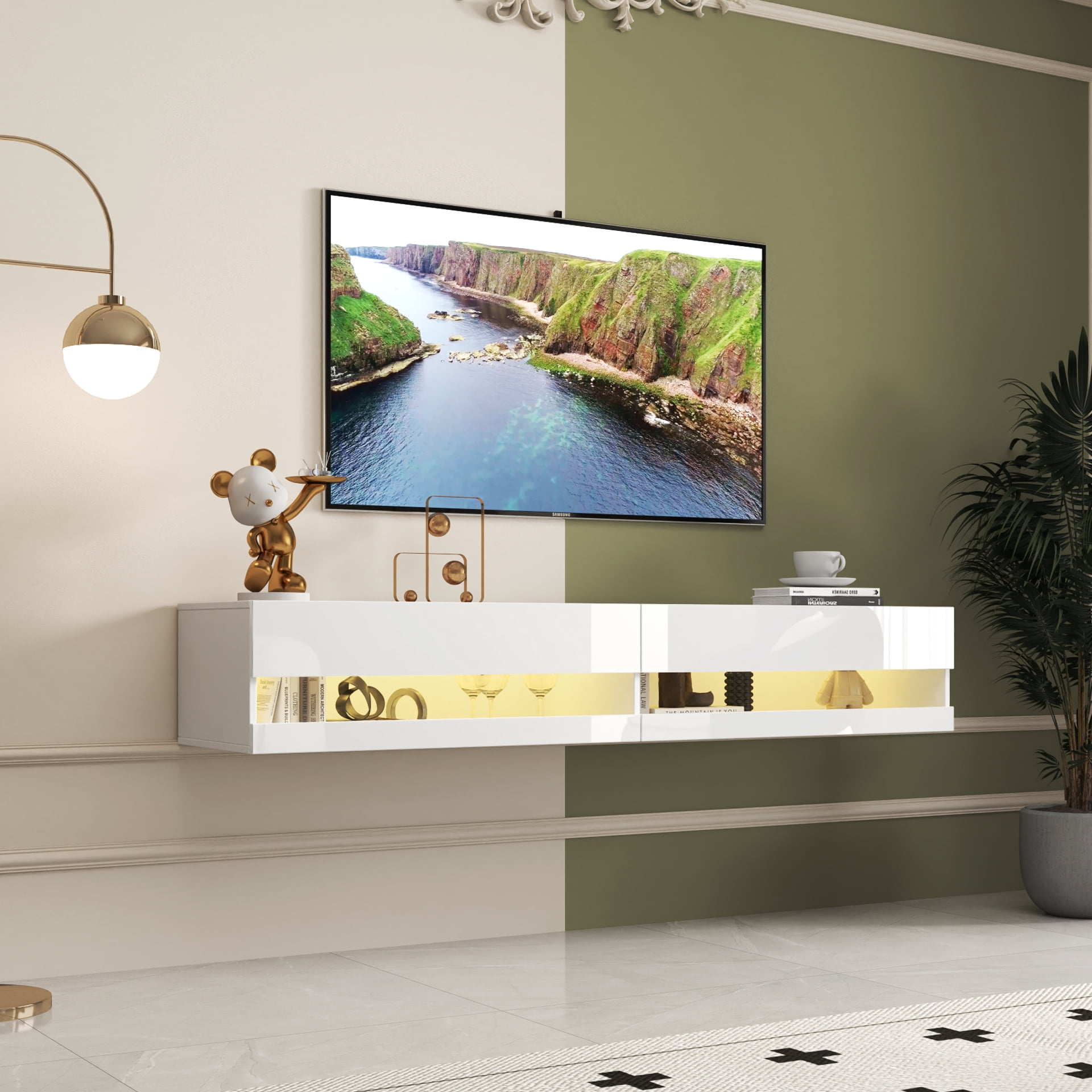 Mintazer Wall Mounted Floating TV Stand for TVs up to 80", Entertainment Cabinet with LED Light & Charging Station for Living Room, White