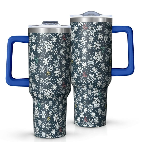 Dark Blue Christmas Snowflake Pattern Tumbler with Handle and Lid,40oz Double Wall Vacuum Insulated Tumbler,Cups Gift for Women and Men