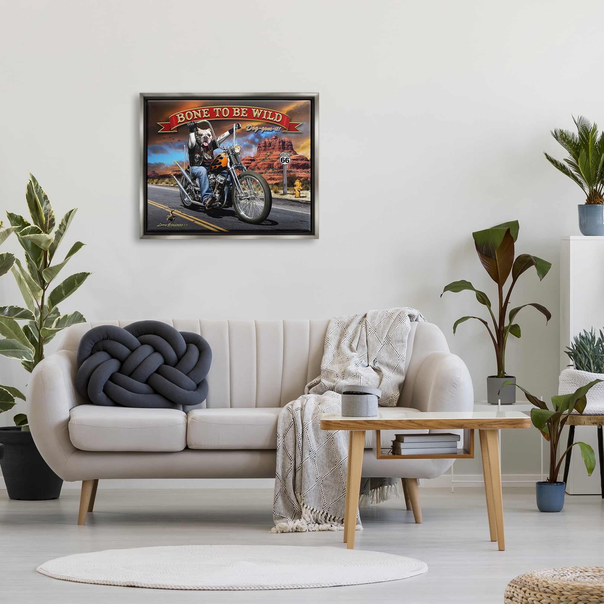 Stupell Industries Bone Wild Motorcycle Dog Transportation Painting Gray Floater Framed Canvas Art Print Wall Art, 31 x 25