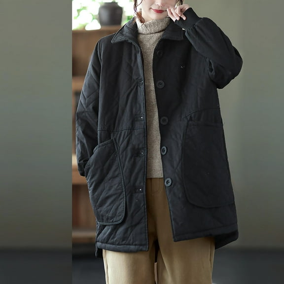 LIBRCLO Winter Coats for Women Workout Long Sleeve Button Thick Warm Puffer Jackets Short Solid Color Fashion Round-Neck Soft Jackets with Pockets