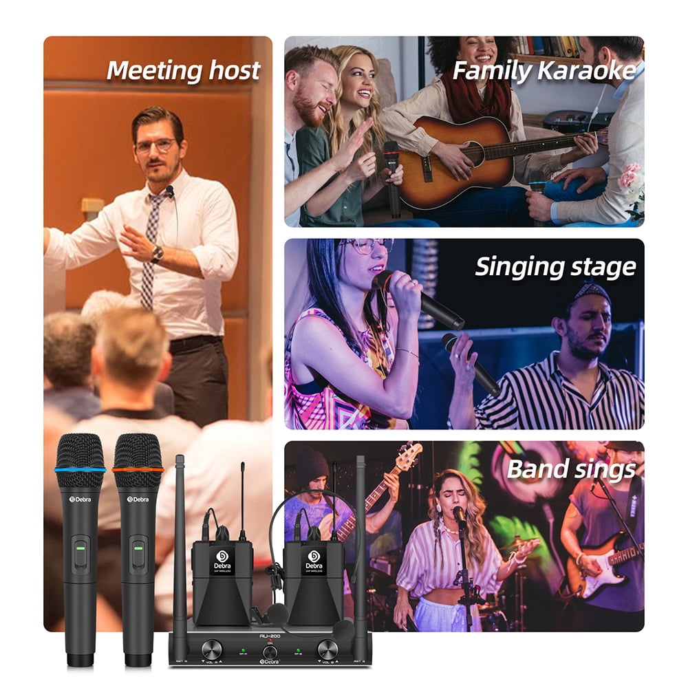 D Debra Audio AU200 Pro UHF 2 Channel Wireless Microphone System with Cordless Handheld Lavalier Headset Mics, Metal Receiver, Ideal for Karaoke Church Party (2 Bodypack)