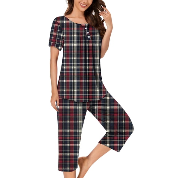 Juslio Ladies Pajamas Print Homewear Fashion Plaid Crewneck Tops and Capris 2 Piece Matching Pajamas Sets L