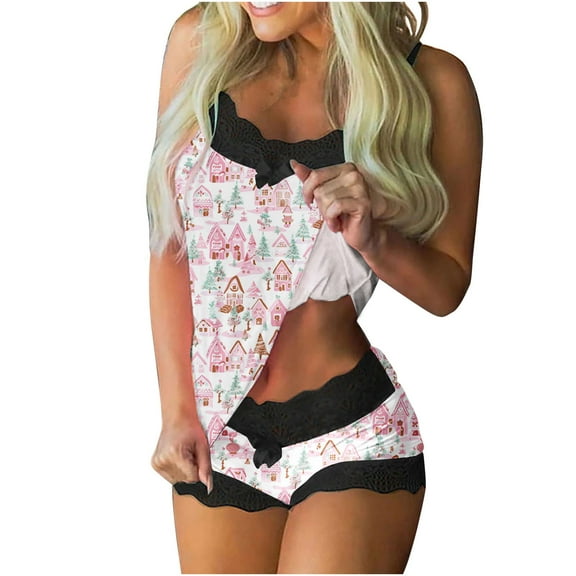 asdoklhq Christmas Pajamas for Women Womens Christmas Lace Sling Sleeveless Tank Splicing Shorts Casual Lace Pajamas Set Pink S
