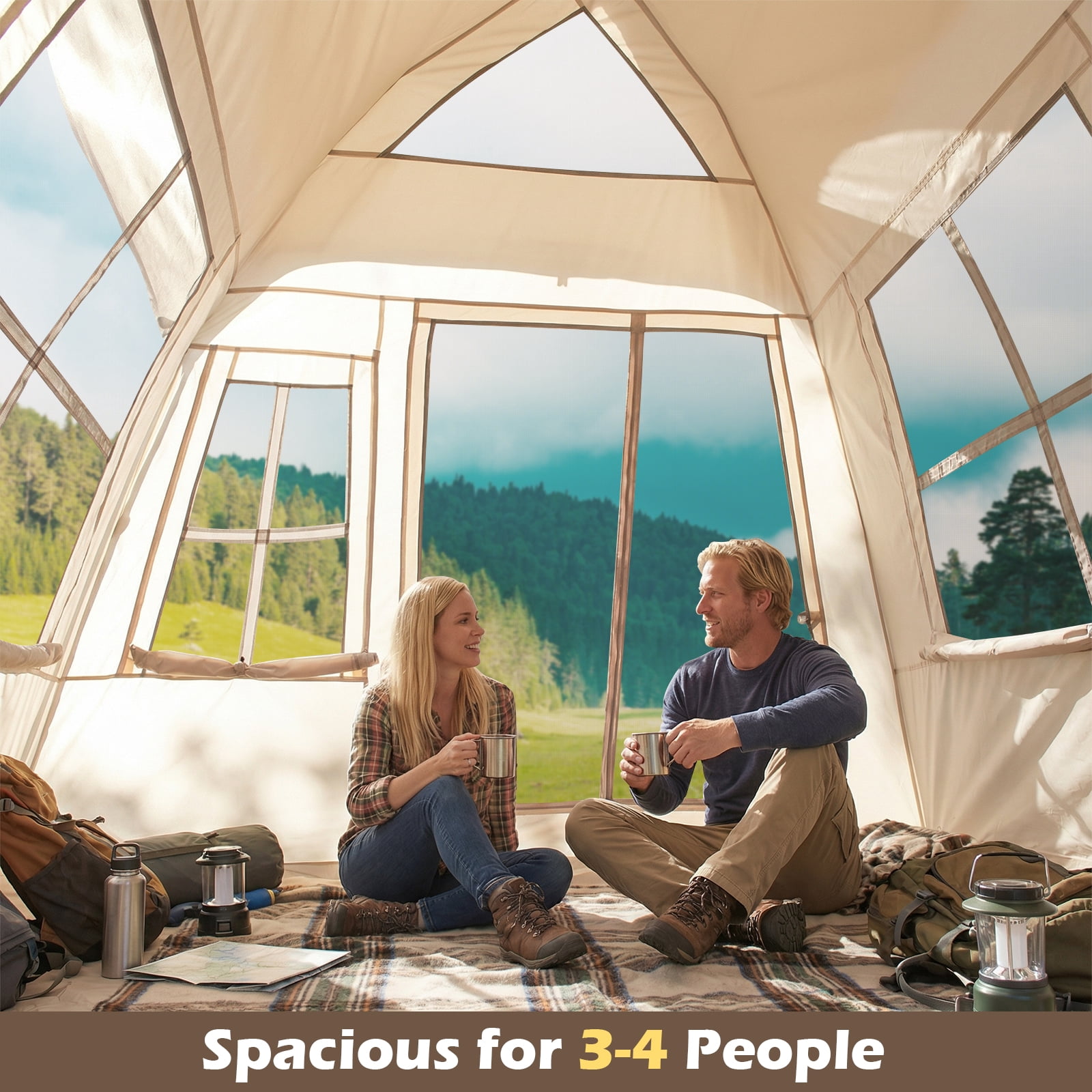 Gymax 4 Person Camping Tent w/Rainfly Mesh Windows 2 Doors & Carrying Bag for Hiking