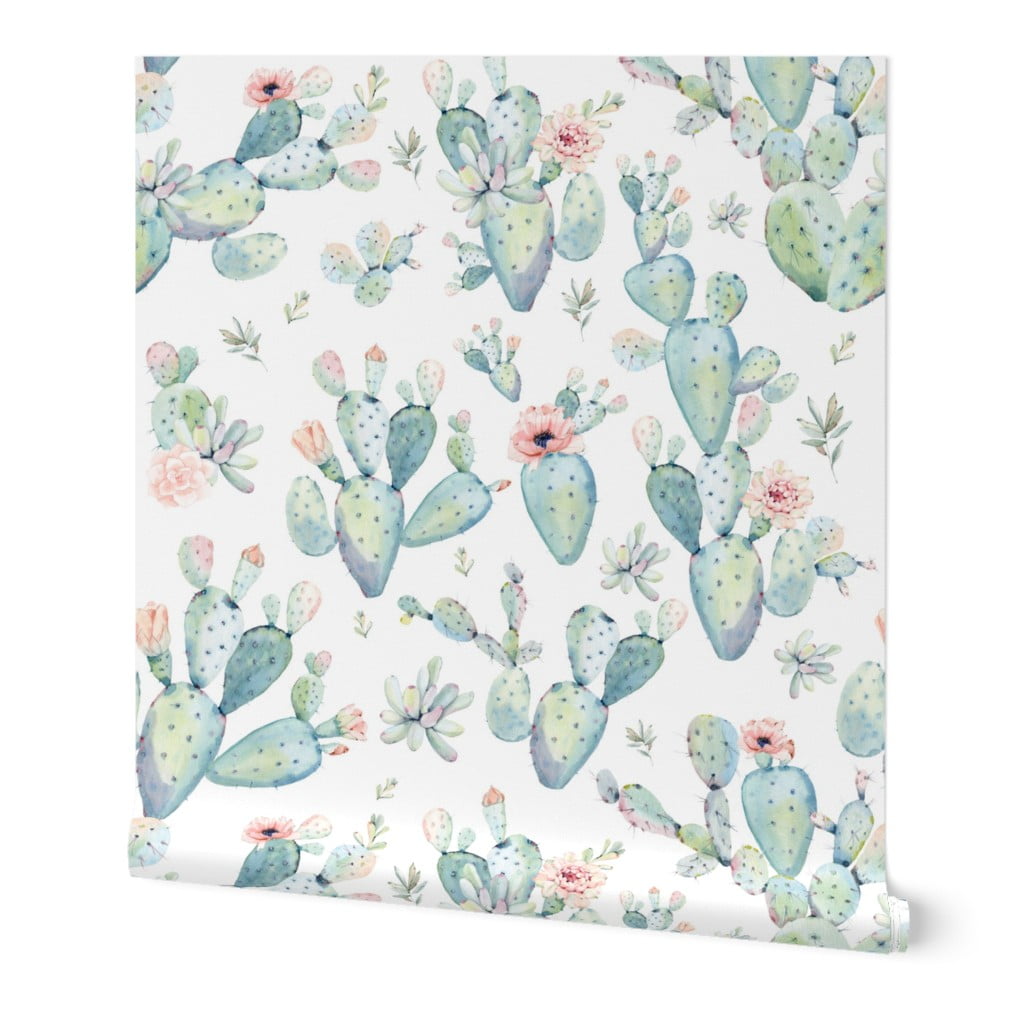 Removable Water-Activated Wallpaper Succulents Boho Cactus Floral Peach Pink