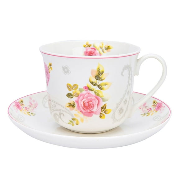 STP GOODS Porcelain Kitchen Teacups 13.5 fl oz (400 ml) Floral Tea Cups English Rose Tea Cup with Saucer Pretty Tea Cup with Matching Saucer Christmas Mugs