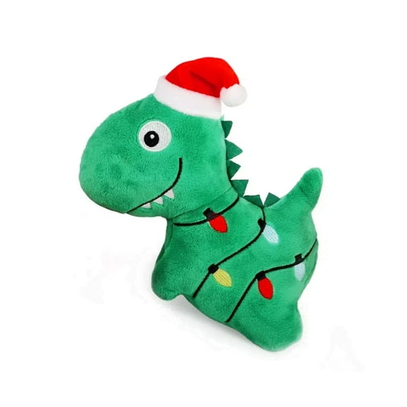 Happy Holiday Dog Christmas Plush Toy with Squeaker, Stuffed Squeaky Snuggling Toy for Puppies, Xmas Dinosaur