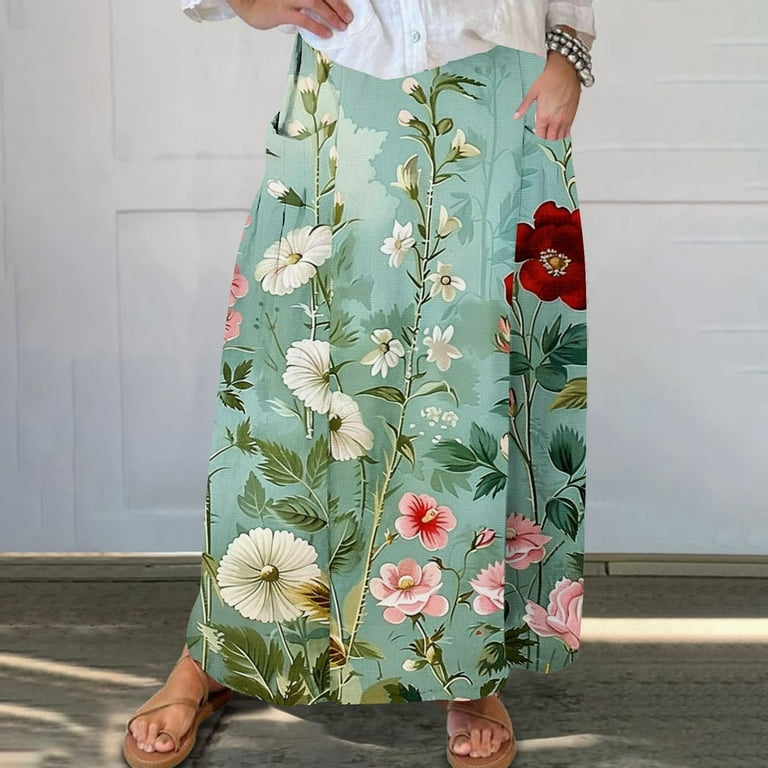Mrat Boho Skirts Women's Casual Retro Floral Skirts Linen Elastic