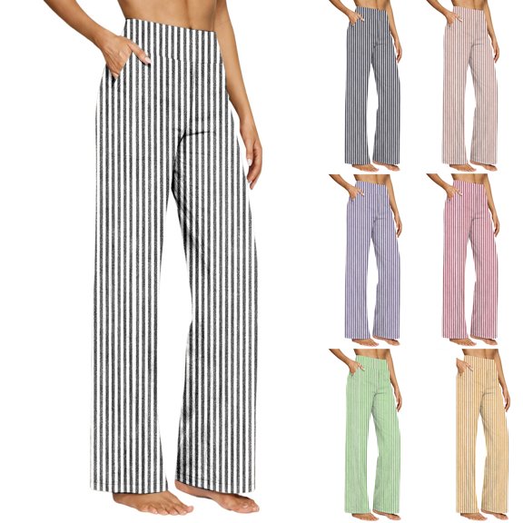 Admvng Cotton Linen Pants for Women Striped Casual Straight Leg Trousers
