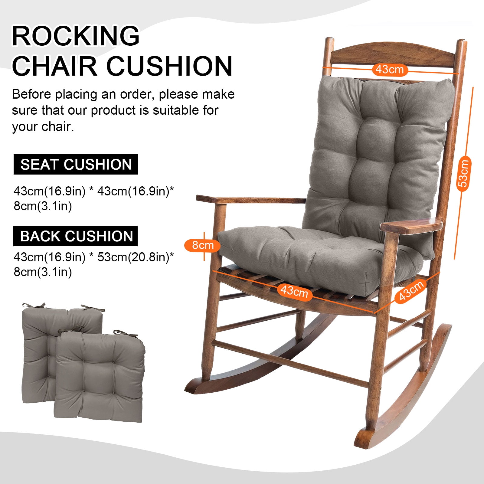 Topchances Indoor/Outdoor Rocking Chair Cushion Set, Gray (Set of 2)