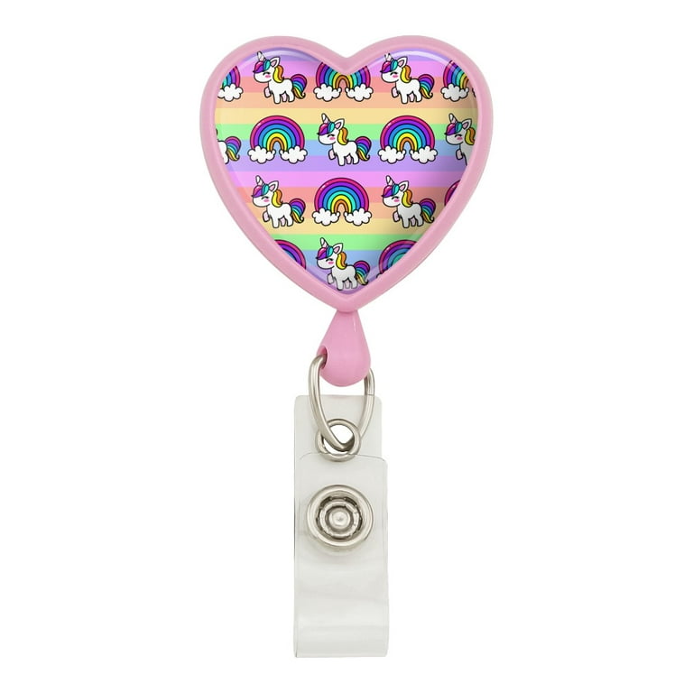 Cute Kawaii Rainbow Unicorn Pattern Heart Lanyard Retractable Reel Badge ID  Card Holder 