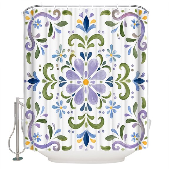 Purple Green Floral Bathroom Shower Curtains with 12 Hooks Polyester Waterproof Shower Curtain for Stalls and Bathtubs Ethnic Boho Cottagecore Botanical Decorative Bathroom Curtain 60x72 Inches