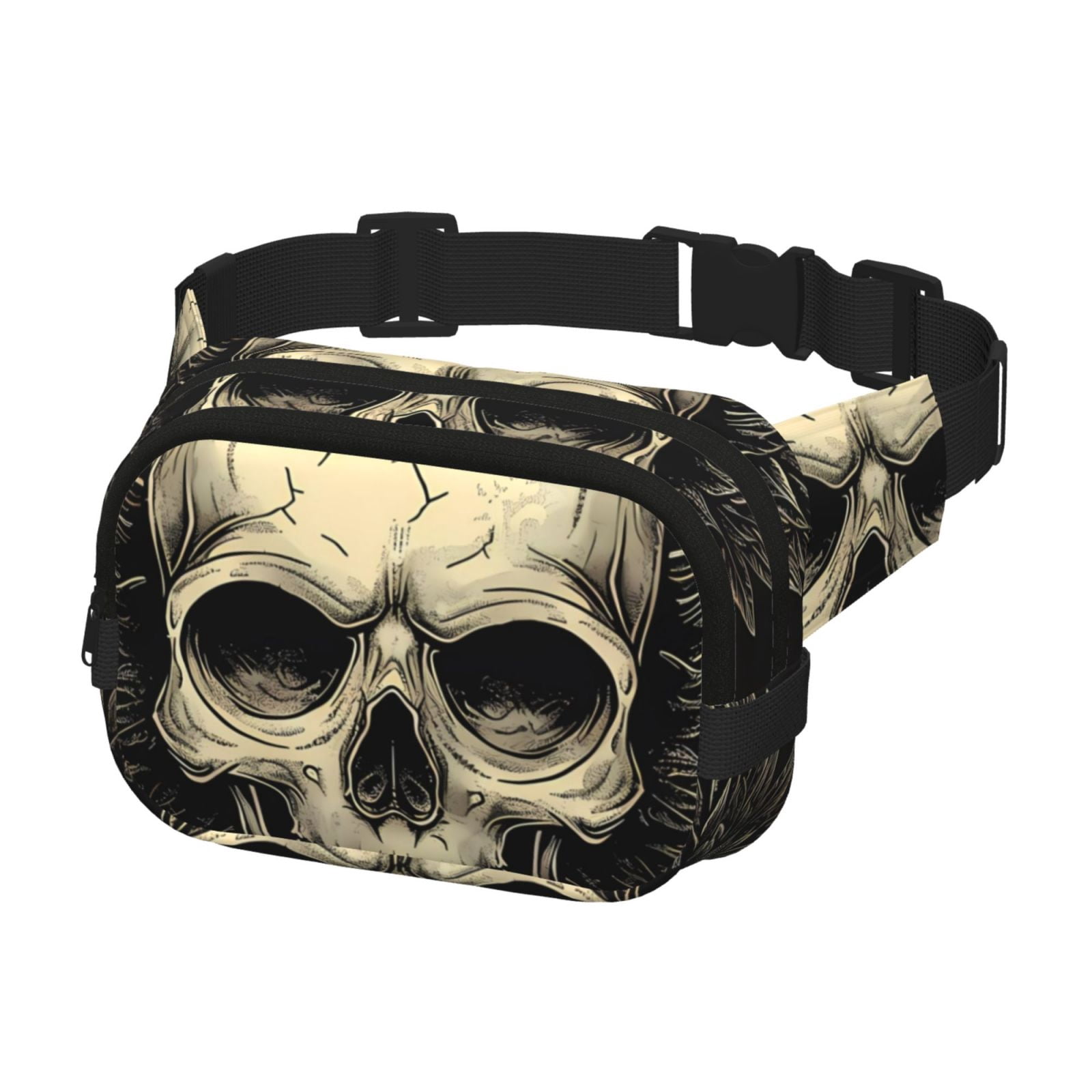 Fuzoiu Gothic Winged Skull Print Unisex Square Double Layer Waist Bag,Crossbody Fanny Pack Travel Workout Accessory