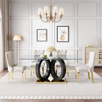 5-Piece 70" Glass Dining Table Set, Tempered Glass Top with Double O-Shape Frame & Stainless Steel Base, 4 Velvet Chairs with Stainless Steel Legs