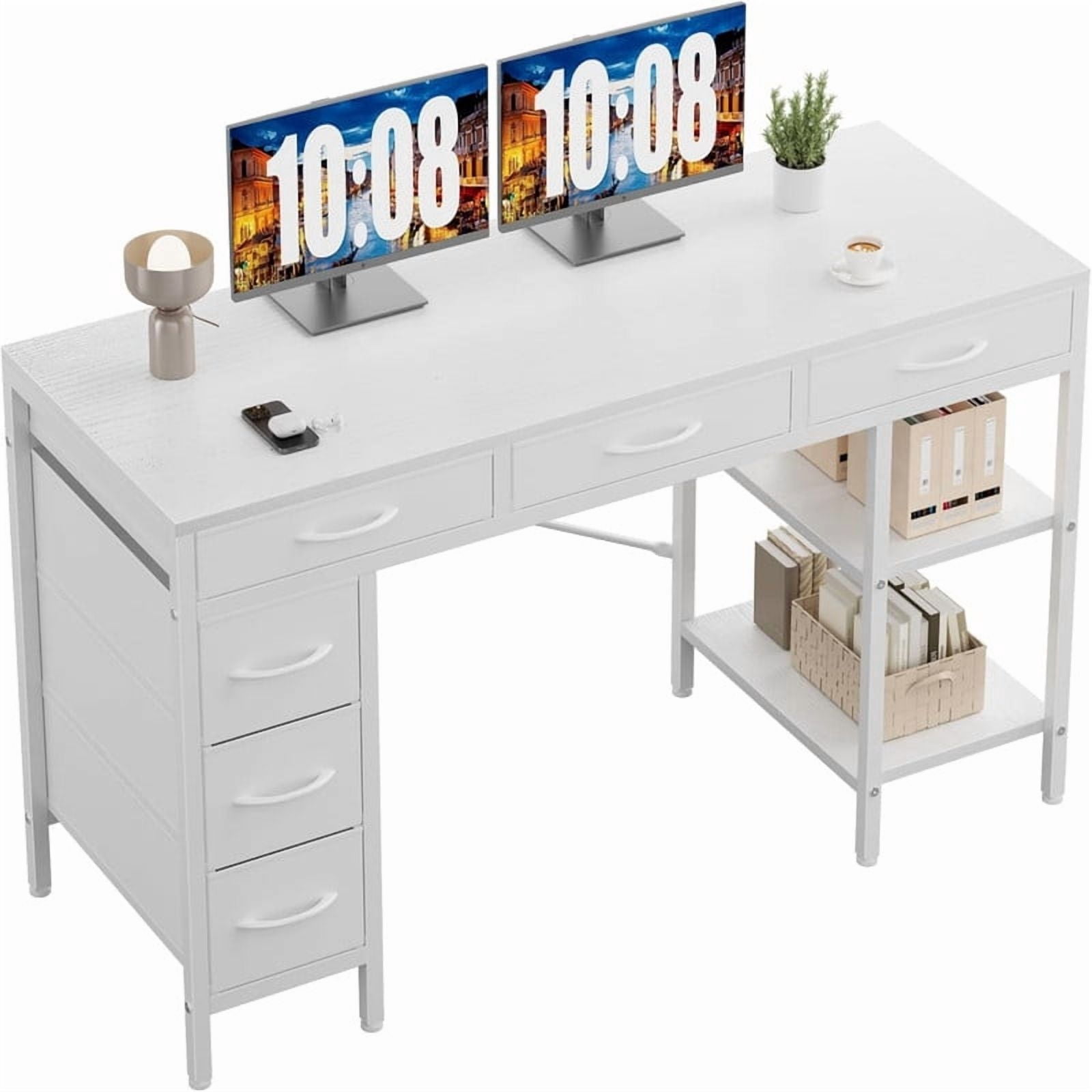 Kelno 55 Inch Computer Desk with 6 Fabric Drawer Storage Shelf Gaming Writing Table, White
