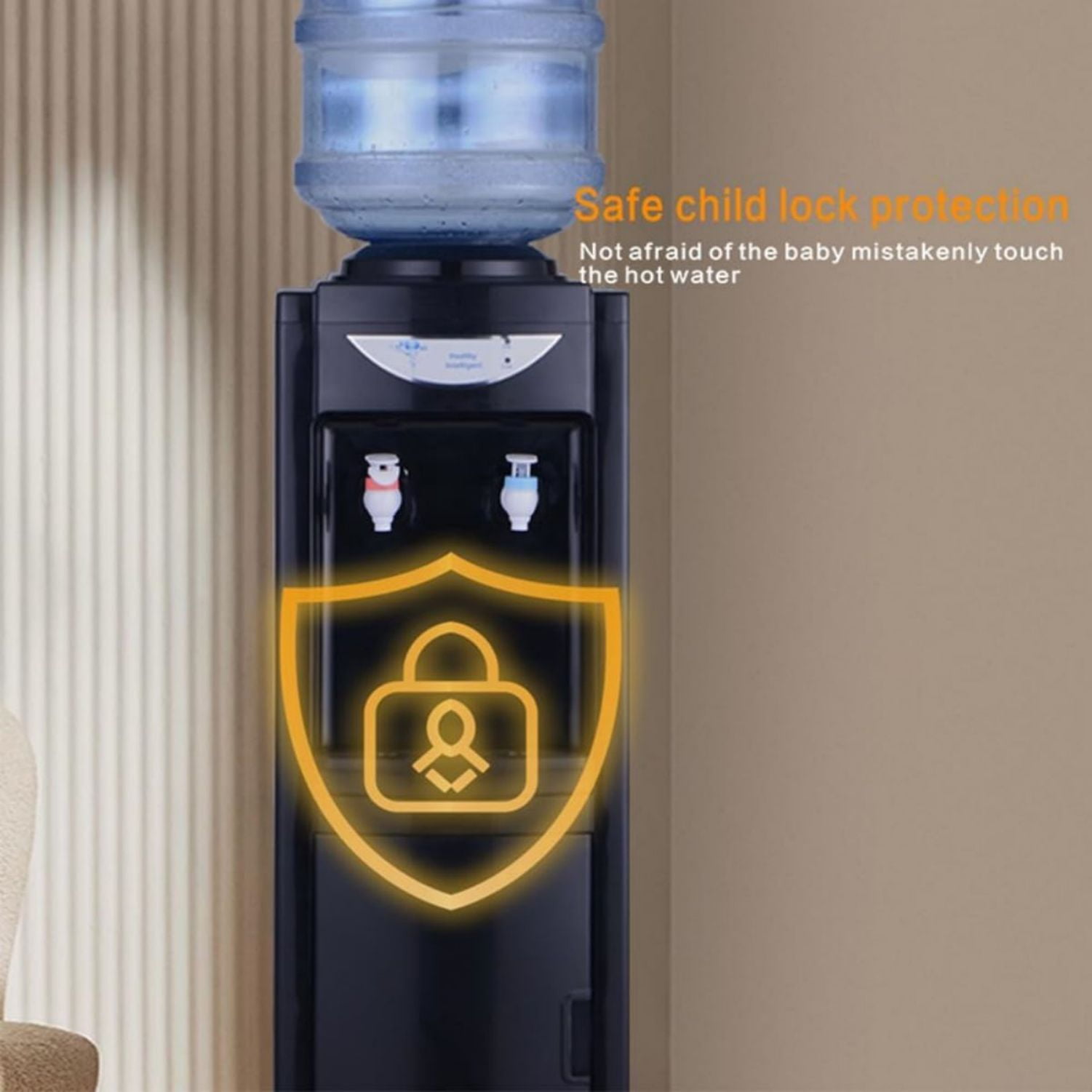 Water Cooler Dispenser, Hot&Cool Top Loading Water Dispenser 5 Gallons Water Coolers with Child Safety Lock Removable Drip Tray & Storage Cabinet(Black)