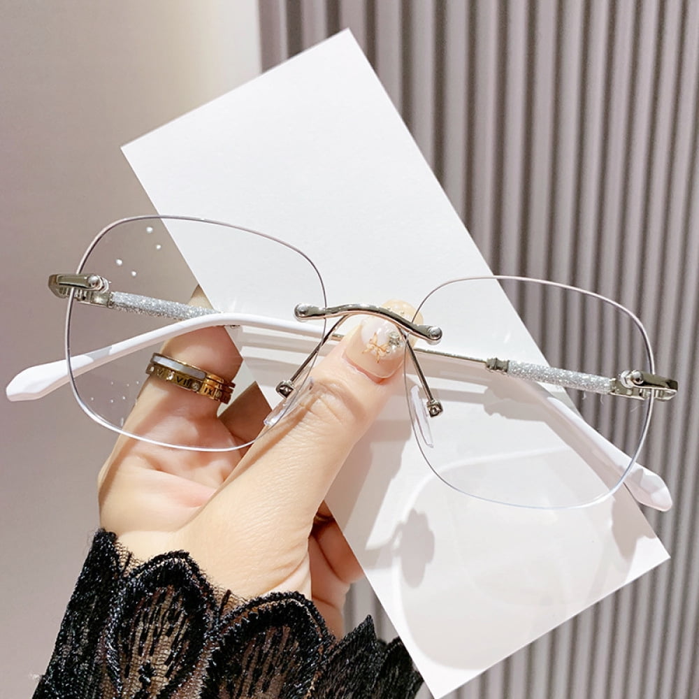 2 Pairs of Ultra Light Rimless Bling Photochromic Gray Square Frameless Silver Reading Glasses 3.00 for Women Blue Light Blocking Readers +3.0 UV