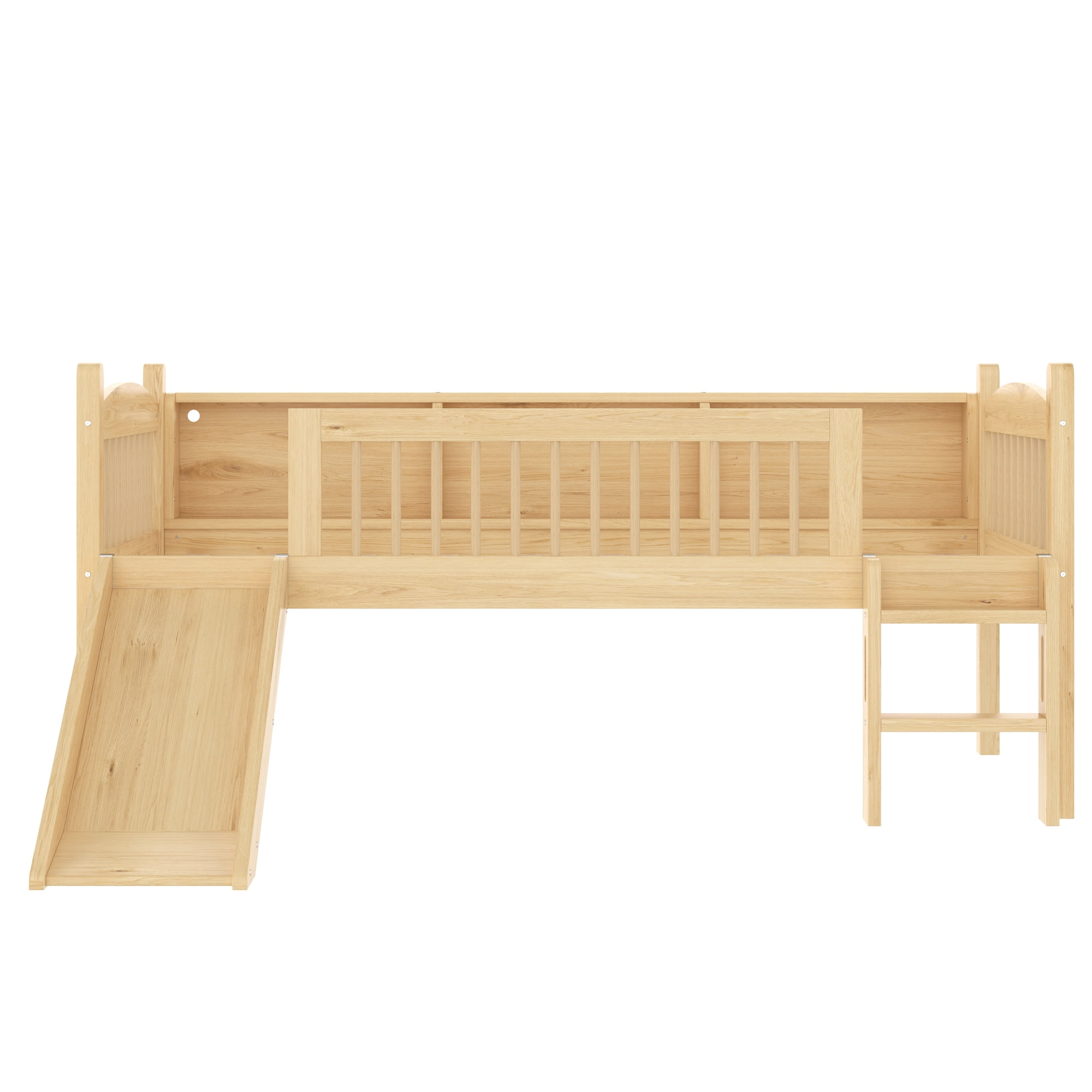 Leumius Twin XL Size Loft Bed with Slide,Solid Wood Loft Bed Frame with Storage Shelves,LED Lights and Full-length Guardrails,No Box Spring Needed,Natural