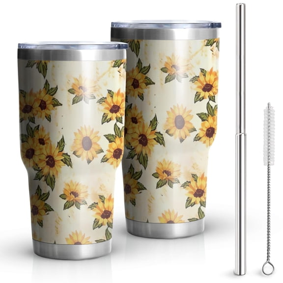 30oz Beige Sunflower Pattern Tumblers Stainless Steel Tumbler with Lid and Straw,Vacuum Insulated Double Wall Travel Tumbler Cups Mug with Cleaning Brush for Coffee,Tea