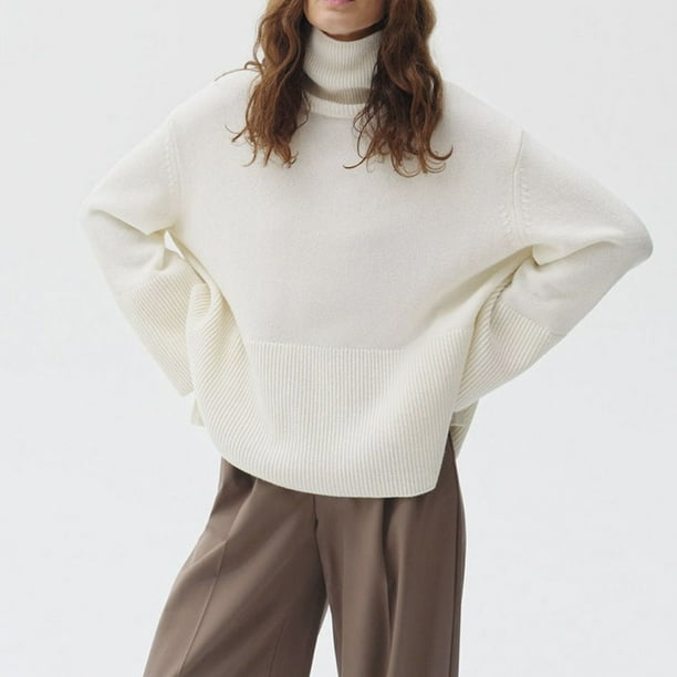 Suéter de cuello alto para mujer, otoño invierno, color sólido, tejido dividido, cuello alto, suelto, manga larga, poliéster