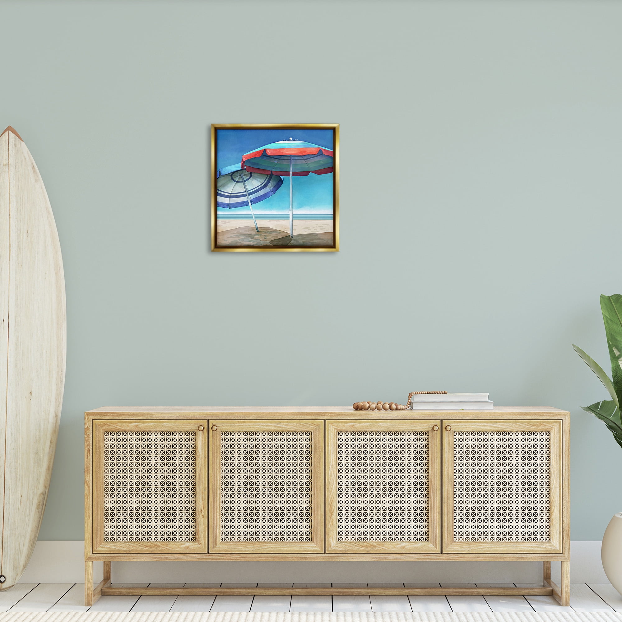 Stupell Industries Beach Umbrella Shadows Landscape Painting Gold Floater Framed Canvas Art Print Wall Art, 25 x 25