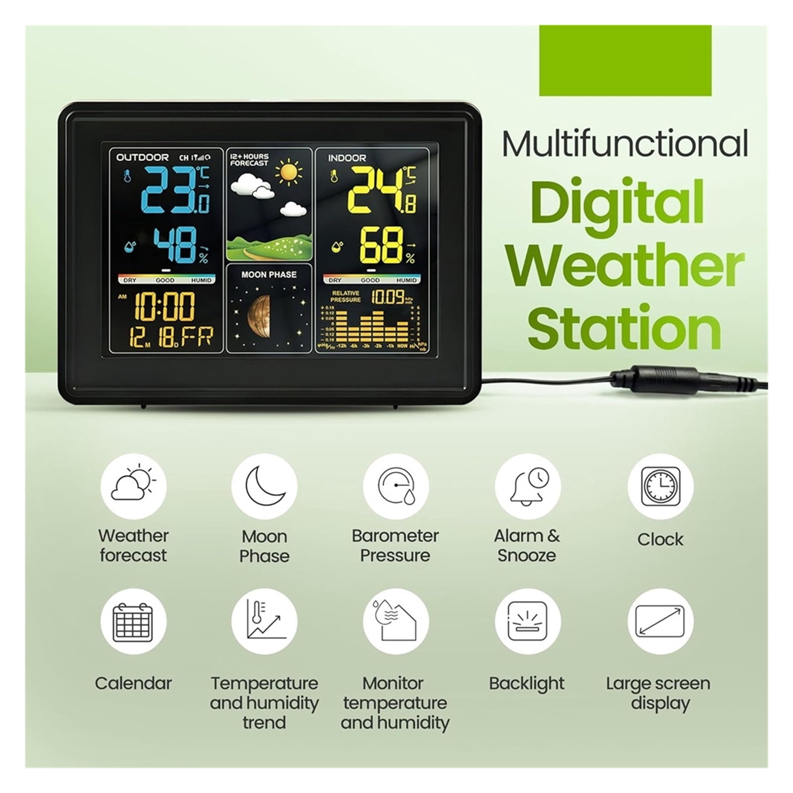 Wireless Weather Station with Atomic Clock, Barometer & Moon Phase Monitor