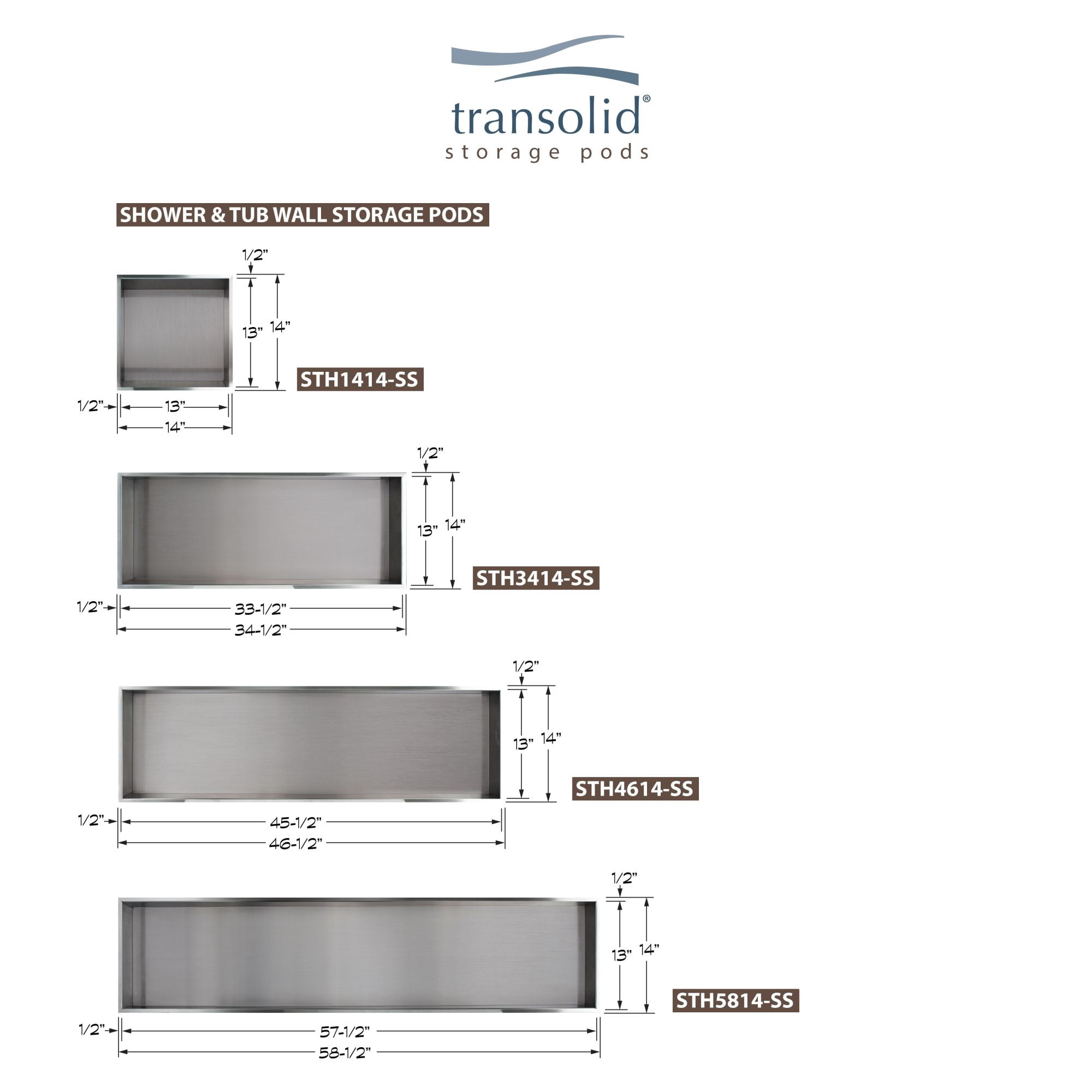 Transolid STH1414 14-in. Recessed Stainless Steel Shower Storage Pod, Stainless Steel