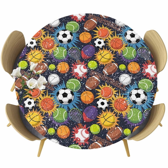 Sports Football Round Tablecloth, Fitted Table Cover with Elastic for 55"-60" Round Tables, Ball Games Basketball Rugby Baseball Table Cloth Outdoor Indoor Dinning Party Waterproof Tablecloths