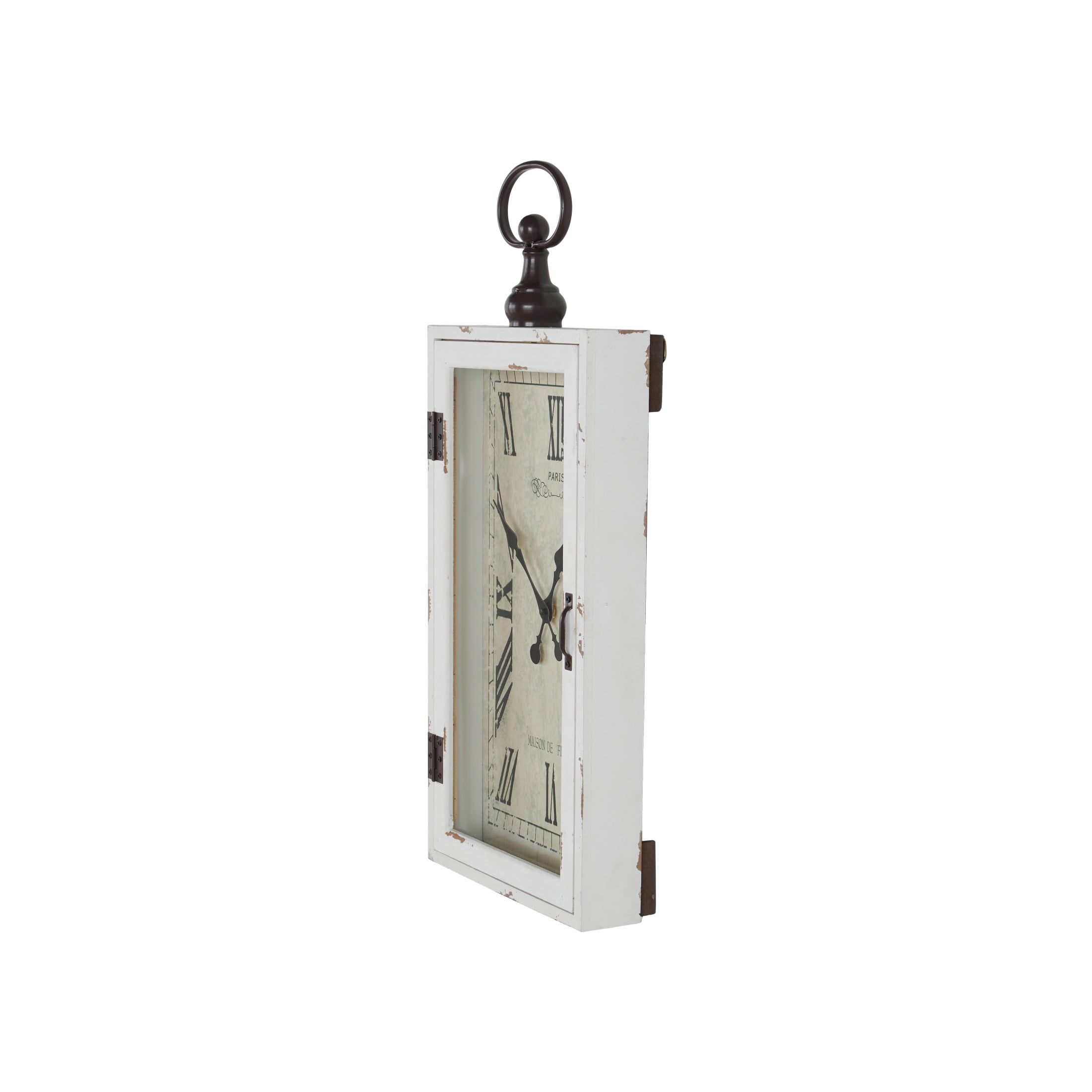 DecMode 12" x 28" White Wooden Vintage Pocket Watch Style Wall Clock with Hinged Door