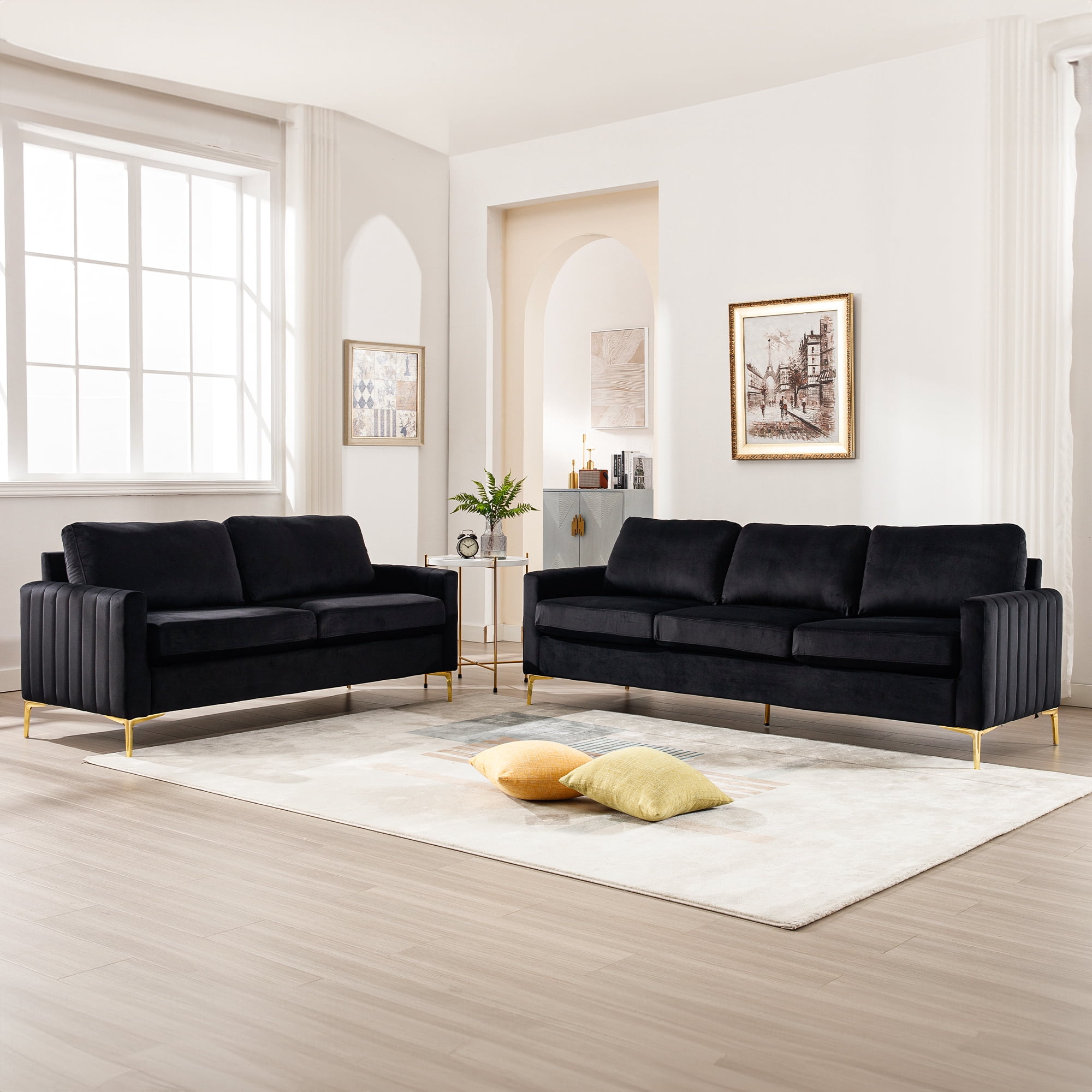 Lunale 65" Loveseat Sofa, Deep Seat Cloud Couch, Modern Velvet Living Room Sofa, Black