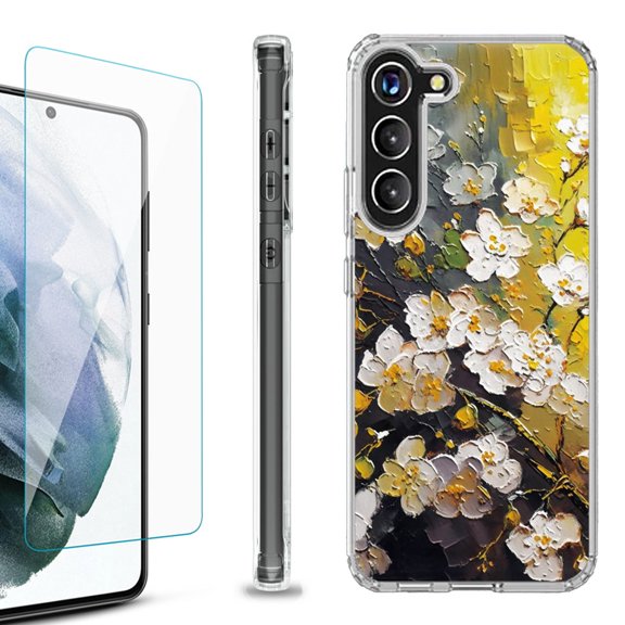 OneToughShield ® for Samsung Galaxy S23  S23 Plus 5G Shockproof Bumper Phone Case, with Tempered Glass Screen Protector - Plum Flower