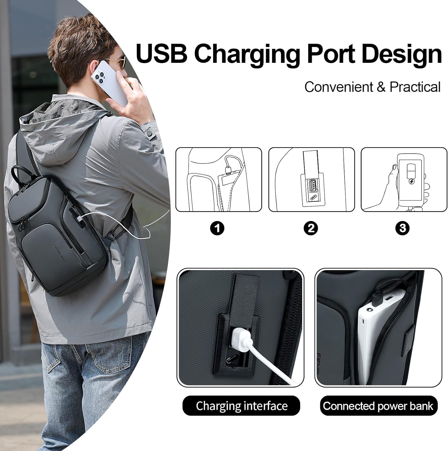 FENRUIEN Sling Bag Crossbody Backpack with USB Charging Port,Grey