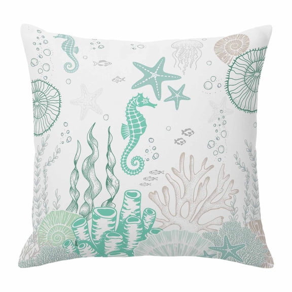 Throw Pillow Covers, Coastal Turquoise Decorative Throw Pillow Covers 18x18 Inch, Coral Starfish Jellyfish Seahorse Square Linen Pillow Cases for Couch/Living Room/Sofa
