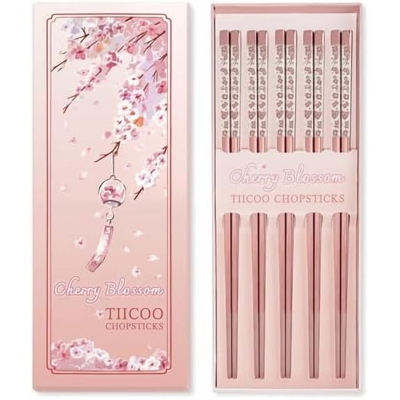 Chopsticks Reusable 18/8 Stainless Steel Chopsticks Pink Sakura Laser Engraved Metal Chop sticks Non-Slip Dishwasher Safe Japanese Korean Chopstick for Cooking Eating 5 Pairs Premium Gift Set