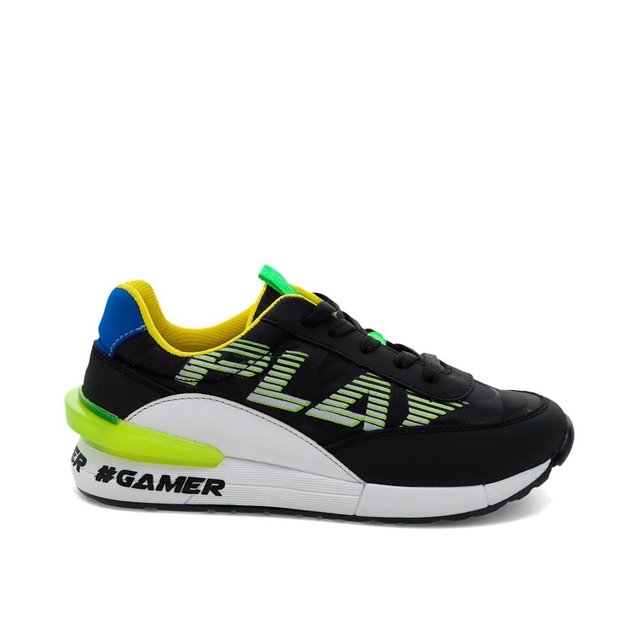 Tenis Para Niño Roddyck Talla 18.5 Negro Malla Uno Play Luces Led con diseño negro y detalles en verde, azul y amarillo, suela blanca con texto #GAMER, velcro ajustable para un ajuste seguro, malla transpirable y luces LED integradas, ideales para comodidad y estilo infantil, también adecuados para actividades recreativas.