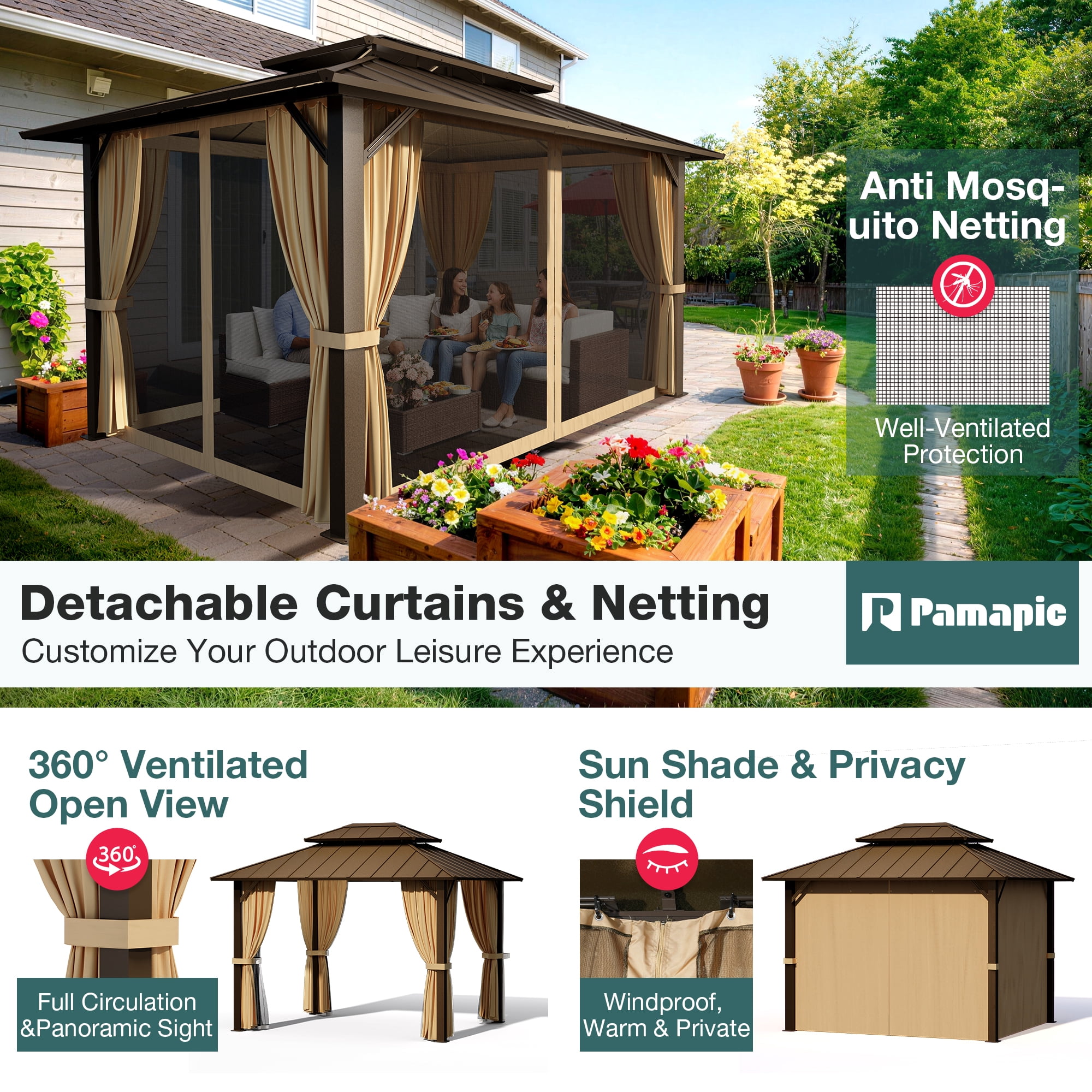 Pamapic 10x12 FT Hardtop Gazebo, Galvanized Steel Double Roof Outdoor Pavilion with Breathable Netting and Privacy Curtain, Brown for Patio, Backyard, Deck, Lawn