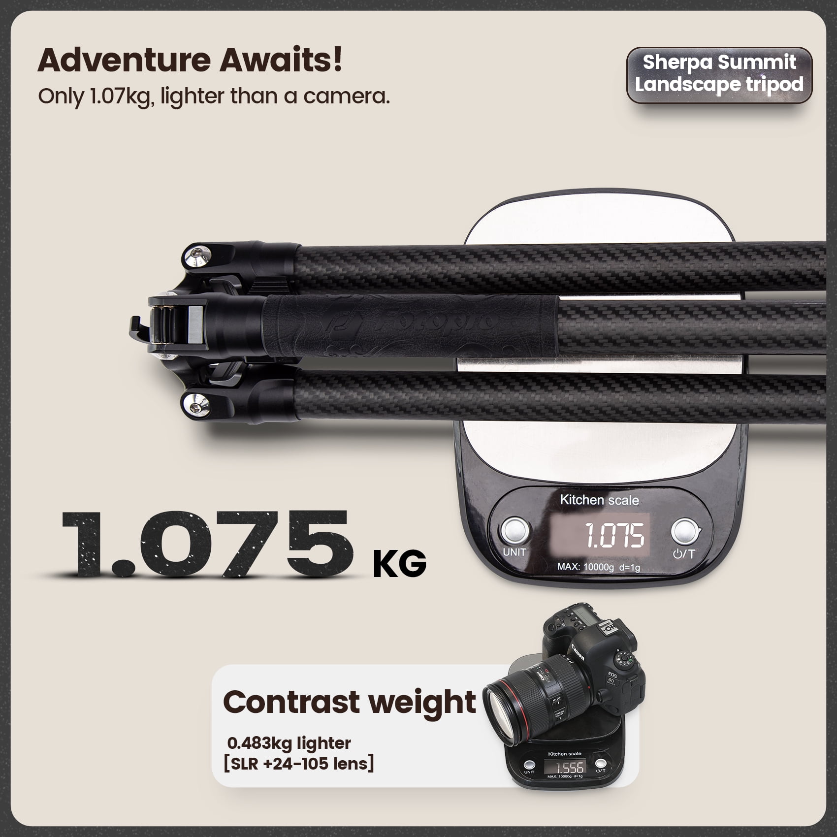 Fotopro 68.8" Carbon Fiber Travel Tripod with Ball Head, Lightweight Camera Tripod Stand for Video Recording, QR Plate, Hidden Phone Clip, Max Load 26.5 lbs, Converts to 72.4" Monopod, Sherpa Summit