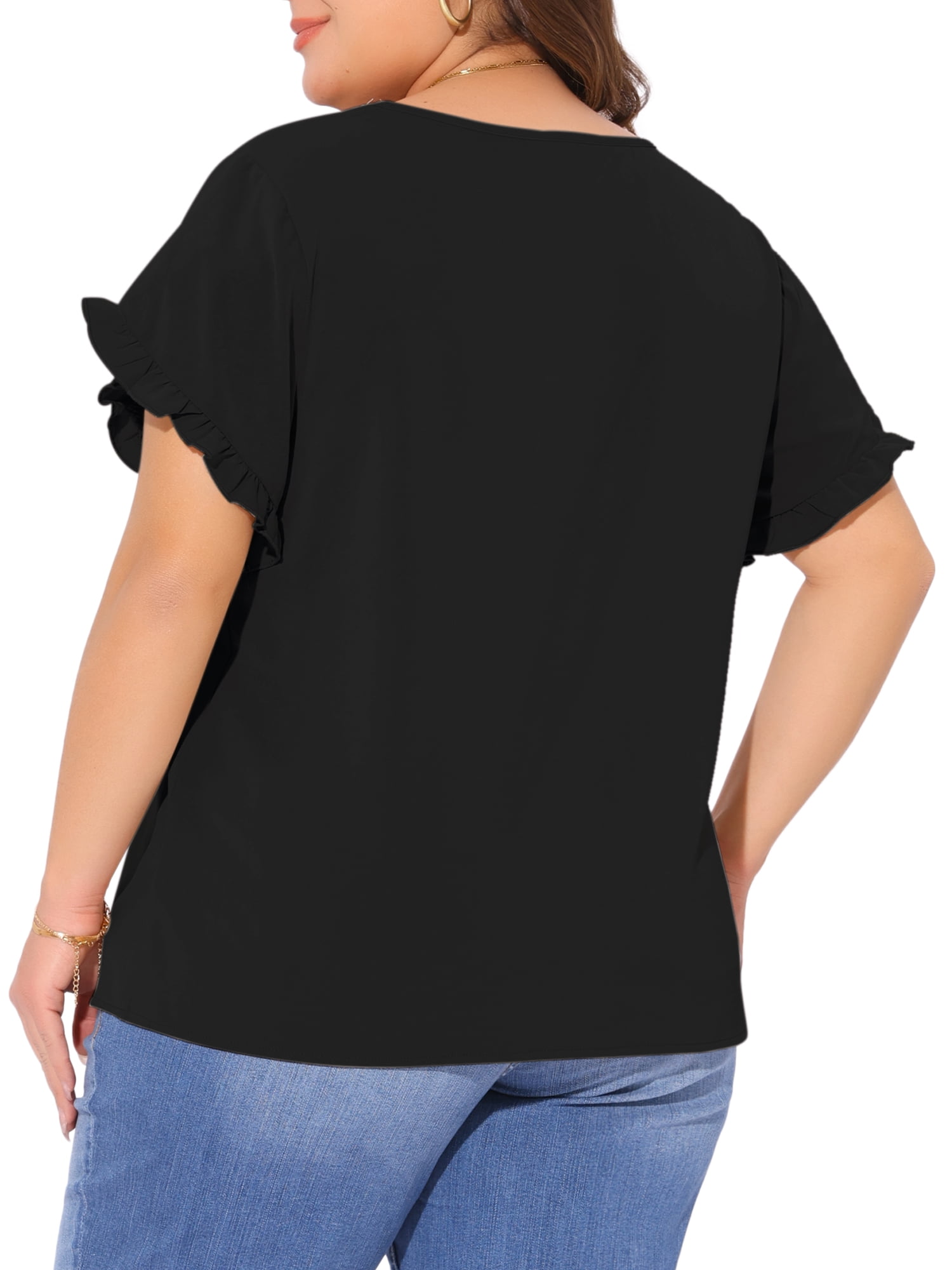 DARING DIVA Women's Plus Crew Neck Ruffle Blouse 2X Black
