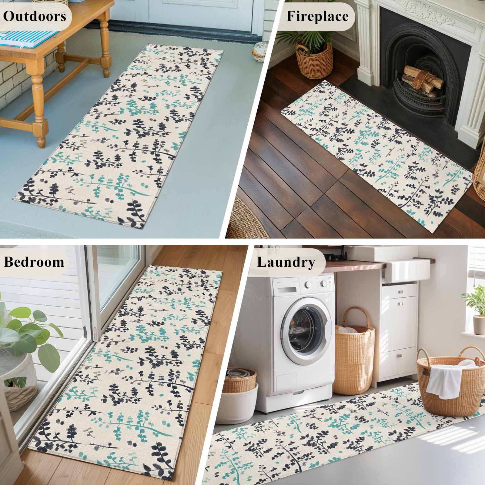 Aqua Grey Botanical 2'x6' Runner Rugs for Hallway Kitchen Bedside Non Slip, Rustic Country Spring Floral Summer Leafv Entryway Rug Runners with Rubber Backing, Long Carpet Runner for Laundry Room