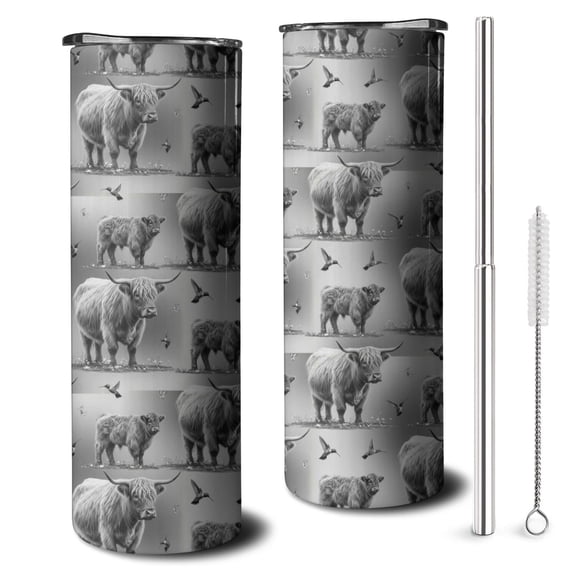 20oz Gray Highland Cow Bird Pattern Skinny Tumblers Stainless Steel Tumbler with Lid and Straw,Vacuum Insulated Double Wall Travel Tumbler Cups with Cleaning Brush for Coffee,Tea