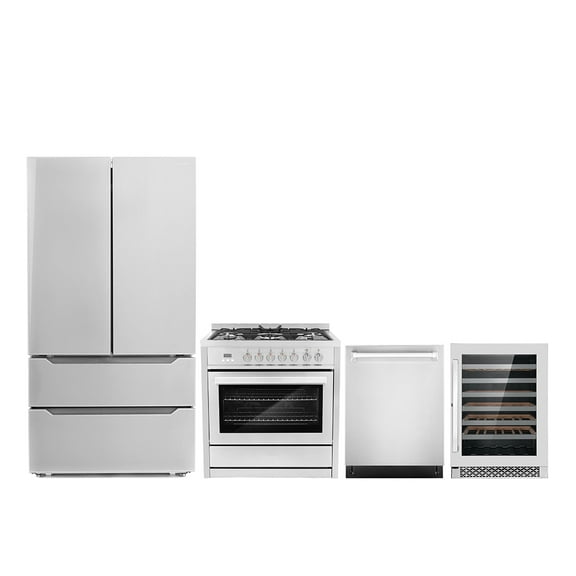 Cosmo 4 Piece Kitchen Appliance Packages with 36" Freestanding 220/240V Dual Fuel Range 24" Built-in Dishwasher French Door Refrigerator & 48 Bottle Wine Refrigerator Kitchen Appliance Bundles