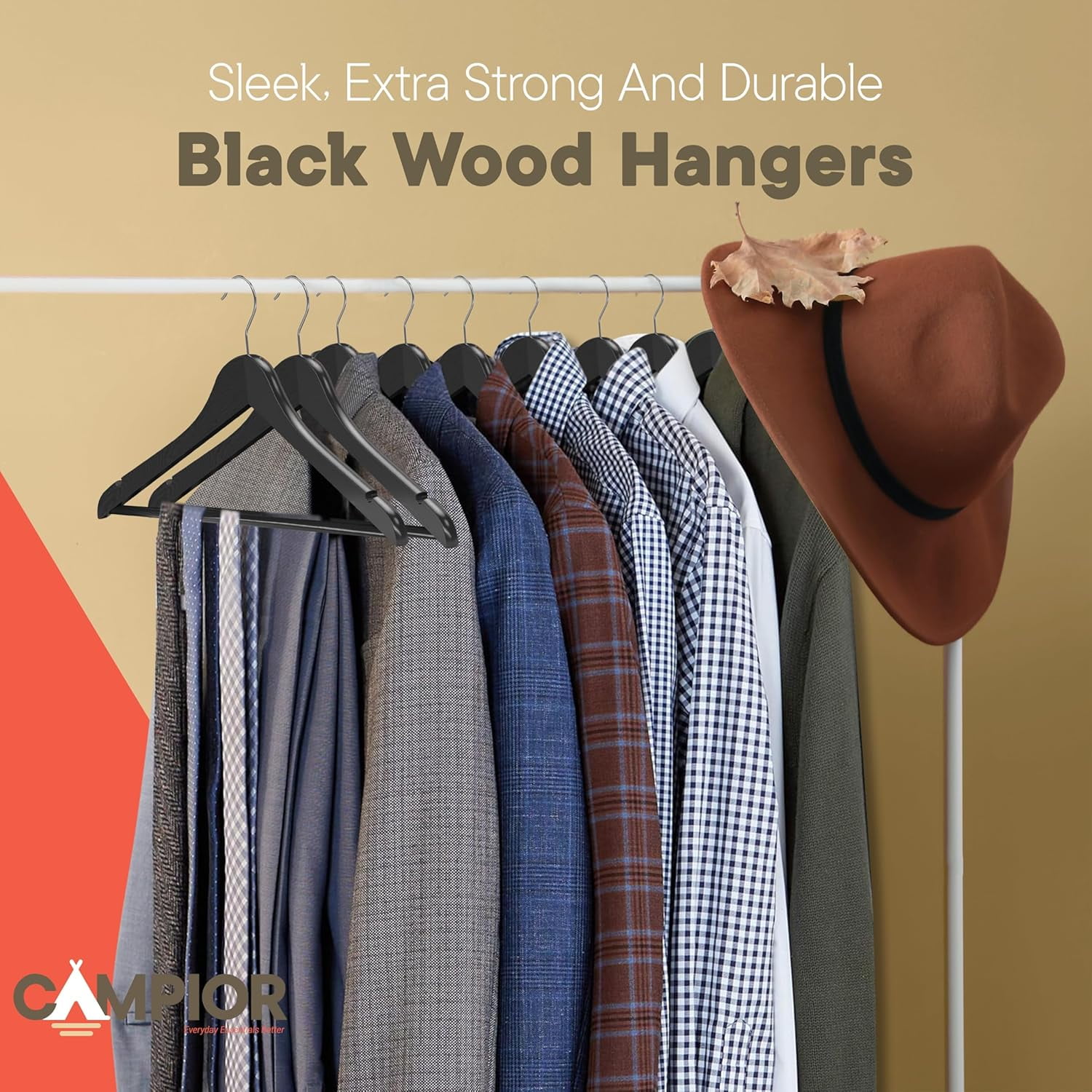 Black Wooden Hangers 10 Pack – Heavy-Duty with 360° Swivel Hook, Non-Slip, Pants Bar & Shoulder Grooves - Wooden Hangers for Suits, Jackets, Dresses & Camisoles, Space-Saving and Smooth Finish