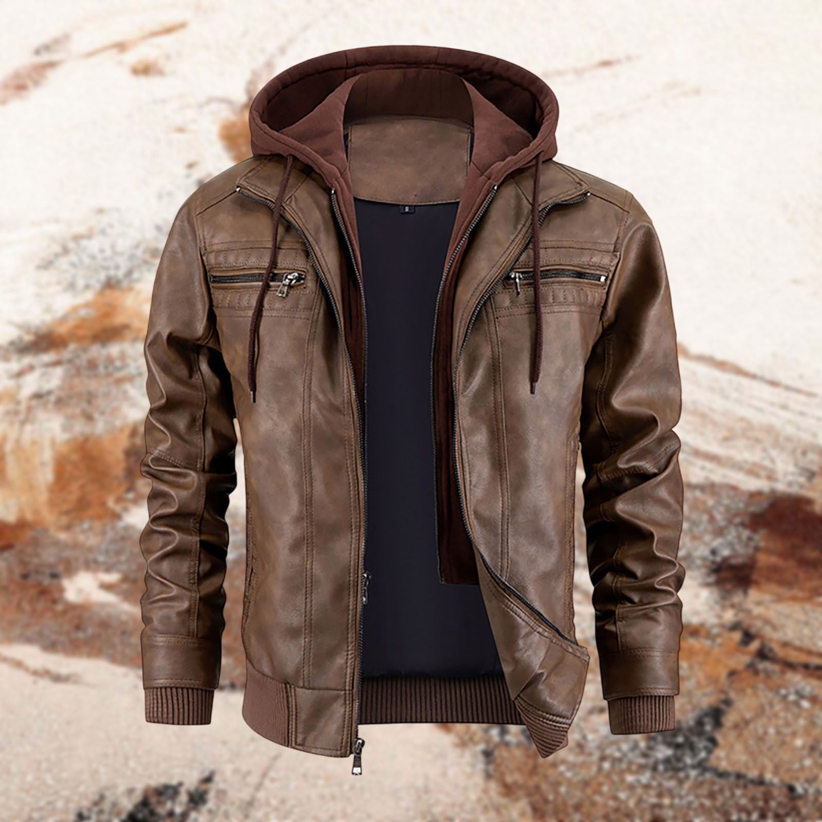 Tiweut PU Leather Jackets for Mens Mens Fall and Winter Long Sleeve Hooded Outdoor Style Coat Tops Brown,S