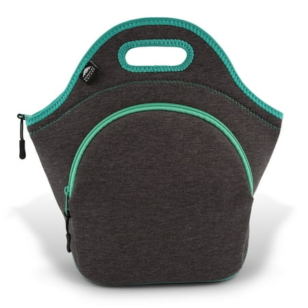 Insulated Large Neoprene Lunch Bag For Women, Men & Kids | Pocket | 5mm Insulation | 13.5â? | Reusable | Washable | Soft Designer Cotton | Lunch Box | Best YKK Zipper In The World |Dark Grey/Lagoon