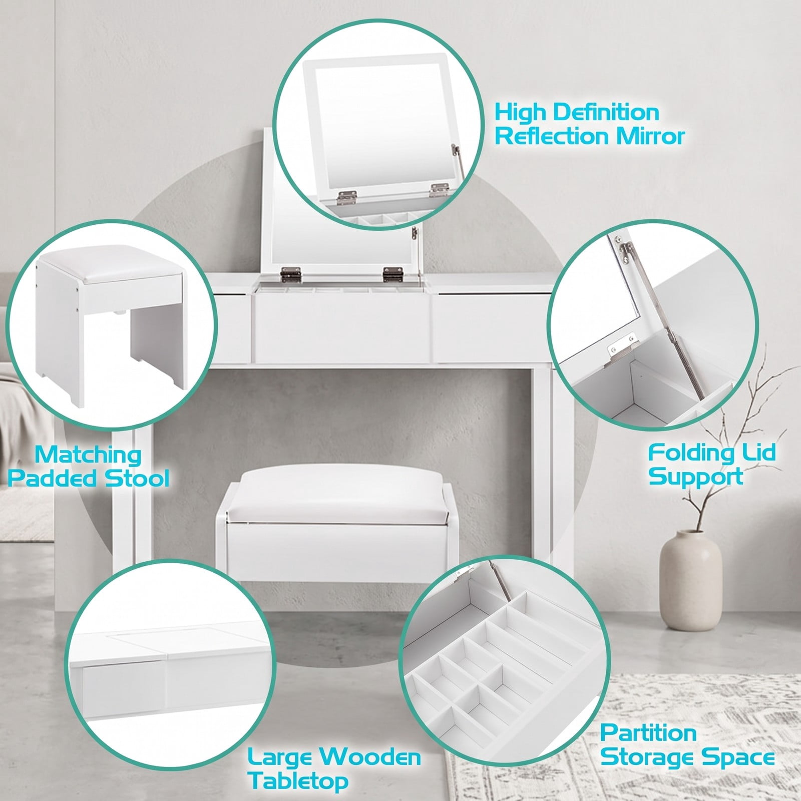 Furnibear Vanity Makeup Dressing Table Set with Flip Top Mirror and Cushioned Stool, Makeup Vanity Desk with 2 Drawers and Hidden Storage, White