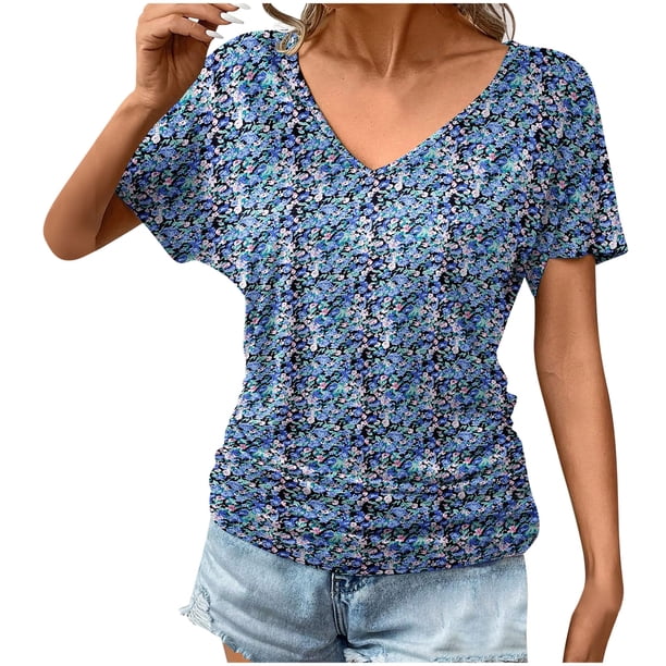 Blusas de Manga Corta Casuales para las Mujeres Imprimir V-Cuello Suéter Blusa de Poliéster Sudadera de Moda, Top de las Señoras para Invierno Primavera Uso Diario