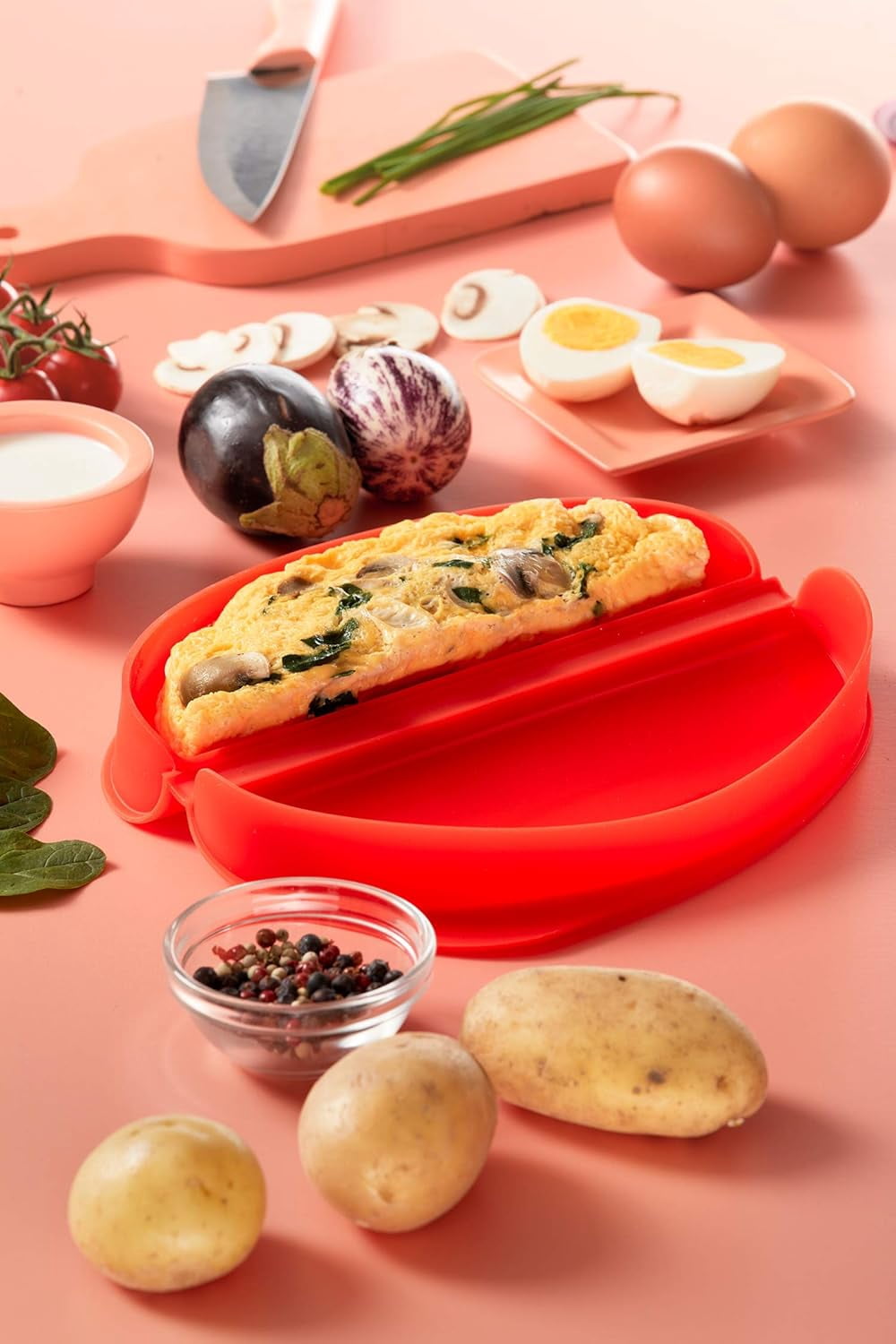 Quick & Easy Microwave Omelette Maker 100% Platinum Silicone Red Egg Cooker Heat Resistant Dishwasher Safe with Recipe Book