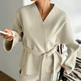 thumbnail image 2 of WTOBBY Women's Casual V-Neck Long Sleeve Coat with Strapped Detail, Fashion Solid Color Blazer Style Jacket, Versatile Outerwear for Office or Daily Use,Beige L, 2 of 4