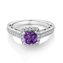 Gem Stone King 925 Sterling Silver Purple Amethyst and White Created Sapphire Women Engagement Ring (1.55 Ct Cushion 6MM, Gemstone Birthstone, Available in Size 5, 6, 7, 8, 9)